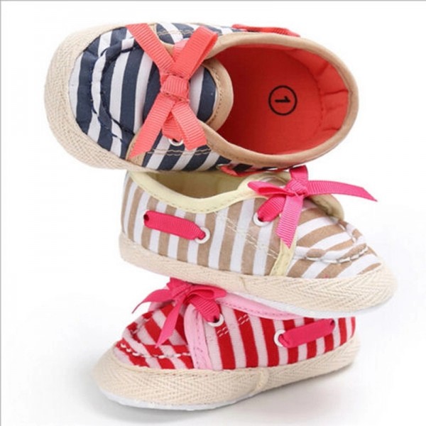 Baby World Stripe Print With Bow Soft New Born Shoes Pink