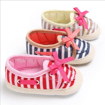 Baby World Stripe Print With Bow Soft New Born Shoes Pink