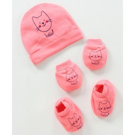 Simply Cotton Cap Mitten & Booties Set Cat Printed Pink - Diameter 9.5 cm 0 to 3 Months, Mittens Length 9.5 cm , Booties Length 9.5 cm , Soft and warm set to keep your babies warm