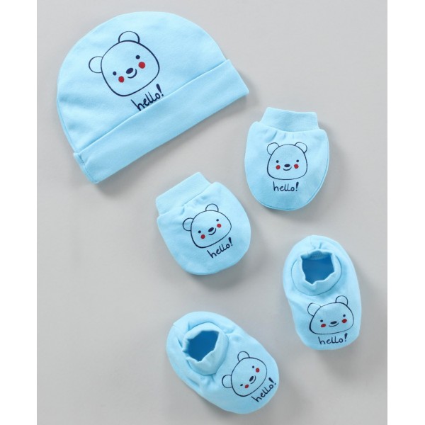 Simply Cotton Cap Mitten & Booties Set Bear Printed Blue - Diameter 9.5 cm 0 to 3 Months, Mittens Length 9.5 cm , Booties Length 9.5 cm , Soft and warm set to keep your babies warm