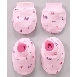 Simply Cotton Mittens And Booties Printed - Pink 0 to 3 Months, Mittens Length 9 cm , Booties Length 10 cm , Soft and warm set to keep your babies warm