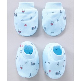 Simply Cotton Mittens And Booties Printed - Blue 0 to 3 Months, Mittens Length 9 cm , Booties Length 10 cm , Soft and warm set to keep your babies warm