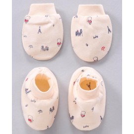 Simply Cotton Mittens And Booties Printed - Cream 0 to 3 Months, Mittens Length 9 cm , Booties Length 10 cm , Soft and warm set to keep your babies warm
