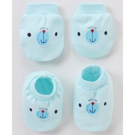 Simply Interlock Mittens and Booties Set Bear Face Print - Blue 0 to 3 Months, Mitten Length 9 cm, Booties Length 10 cm, Comfortable and warm set for babies.