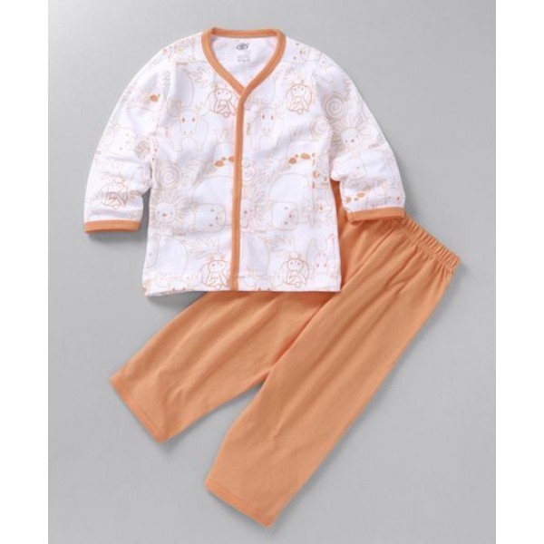 Zero Full Sleeves Vest With Lounge Pant Jungle Print - Orange & White