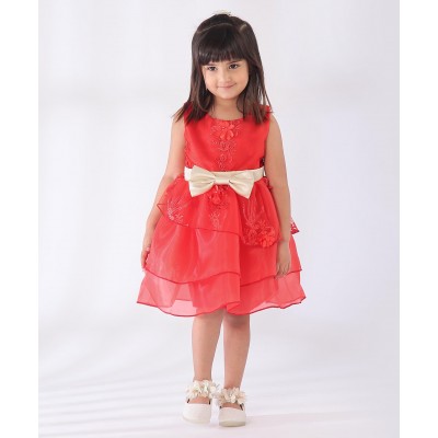 Mark & Mia Sleeveless Floral Embroidered Layered Frock - Red 3 to 4 Years, snug and stylish round neck frock with back zip for girls