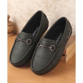Kids Party Wear Round Toe Loafers - Olive