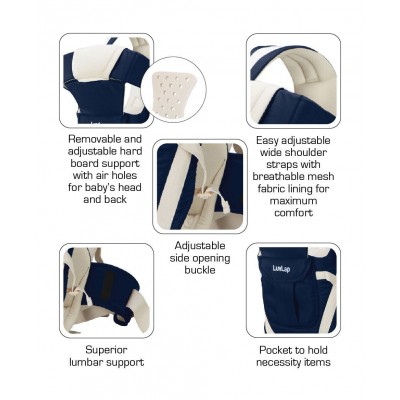 LuvLap Elegant Baby Carrier - Dark Blue  0 to 18 Months, 20 x 41 x 45 cm, Carrying capacity 15 kg, removable and adjustable board support with air holes for baby's head and back