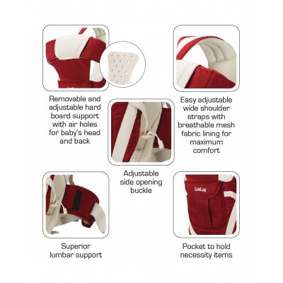 LuvLap Elegant Baby Carrier - Red  0 to 18 Months, 20 x 41 x 45 cm, Carrying capacity 15 kg, removable and adjustable board support with air holes for baby's head and back