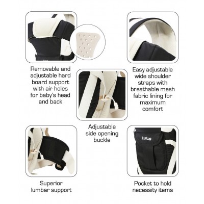 LuvLap Elegant Baby Carrier - Black  0 to 18 Months, 20 x 41 x 45 cm, Carrying capacity 15 kg, removable and adjustable board support with air holes for baby's head and back