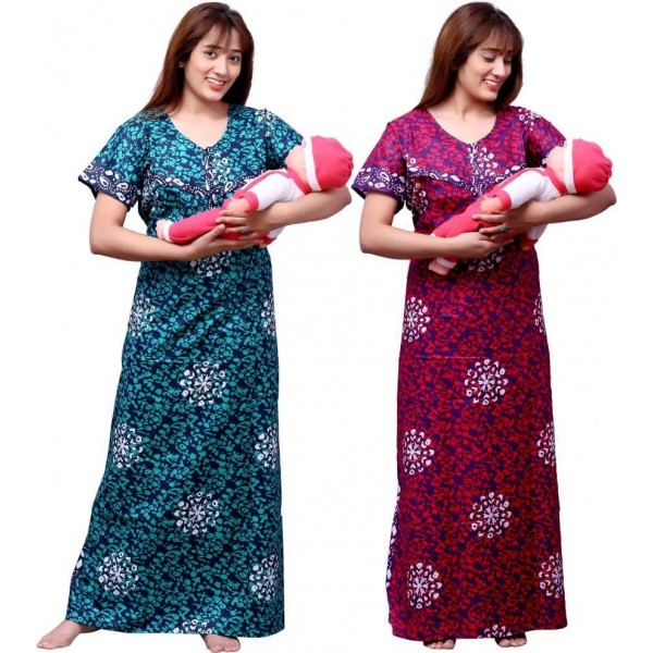 Women's Multipurpose Beautiful Printed Cotton Feeding/Maternity for Feeding Nighty/Nightgown/Night Dress Combo of 2 - Zip Opening at Bust - ( Free Size, Pannel & Batic )