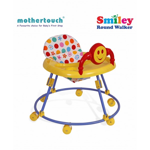 Mothertouch Smiely Round Walker With Toy Bar - White Yellow 6 to 18 Months, L 60.5 x B 60.5 x H 51 cm, carrying capacity 15 kg, sturdy walker with safety lock & foam padded seat