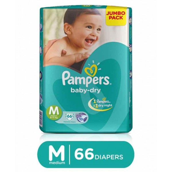 Pampers Taped Diapers Medium (MD) 66 count 6 to 11 Kg, 1 Pampers = 1 Dry Night, With magic gel and cotton like soft cover