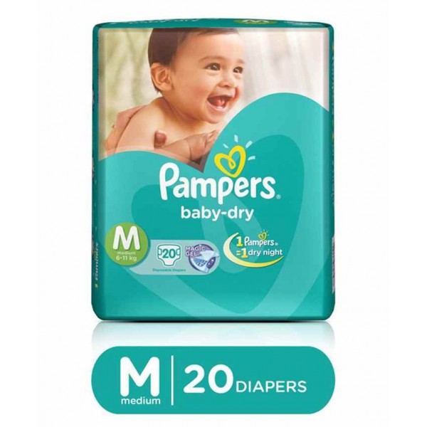 Pampers Taped Diapers Medium (MD) 20 count 6 to 11 Kg, 1 Pampers = 1 Dry Night, With magic gel and cotton like soft cover