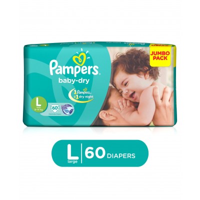 Pampers Taped Diapers Large (LG) 60 count 9 to 14 Kg, 1 Pampers = 1 Dry Night, With magic gel and cotton like soft cover