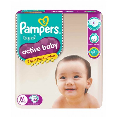 Pampers Active Baby Taped Diapers, Medium size diapers, (M) 62 count, taped style custom fit 6 to 11 kg, 5 star skin protection, Keeps your baby dry, even under pressure to let them play uninterruptedly
