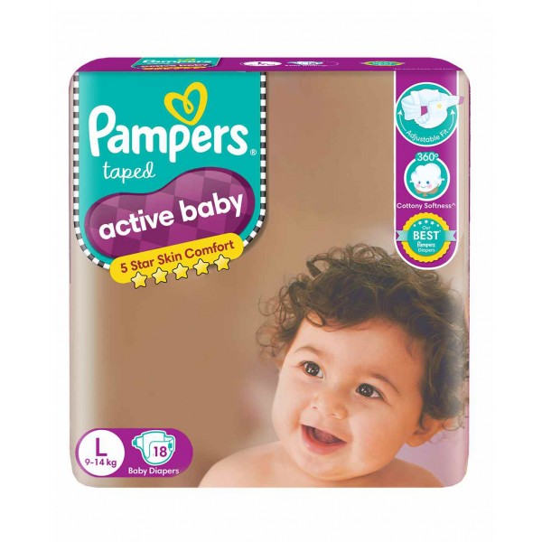 Pampers Active Baby Taped Diapers, Large size diapers, (L) 18 count, taped style custom fit 9 to 14 Kg, 5 star skin protection, Keeps your baby dry, even under pressure to let them play uninterruptedly
