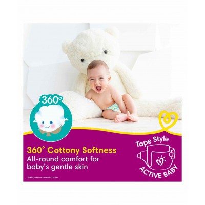 Pampers Active Baby Taped Diapers, Medium size diapers, (M) 62 count, taped style custom fit 6 to 11 kg, 5 star skin protection, Keeps your baby dry, even under pressure to let them play uninterruptedly