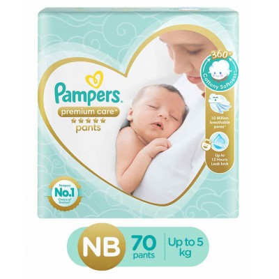 Pampers Premium Care Pants, New Born, Extra Small size baby diapers (NB,XS), 70 count, Softest ever Pampers Upto 5 kg, Locks in wetness with an inner layer of super absorbent Magic Gel that locks away wetness for up to 12 hours