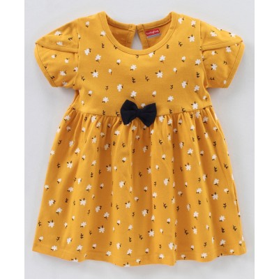 babyworld 100% Cotton Half Sleeves Frocks Floral & Dot Print Pack Of 2 - Yellow Navy Blue