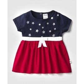 Simply Short Sleeves Frock Bow Applique - Navy Blue Red