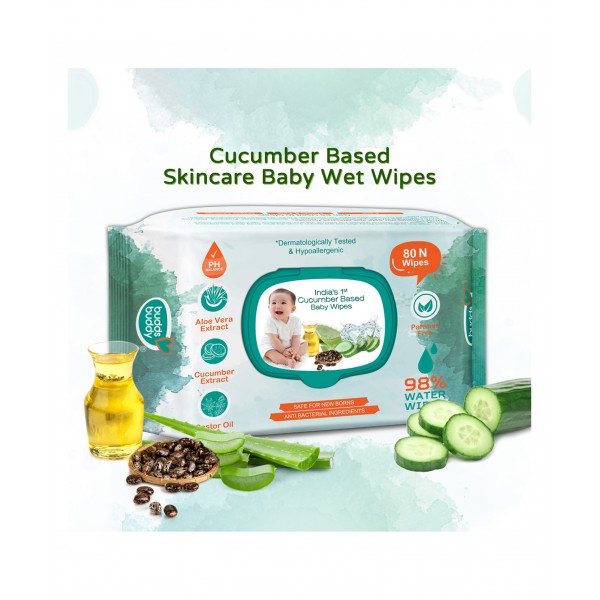 Buddsbuddy Combo of 3 Cucumber Based Skincare Baby Wet Wipes With Lid Contains Aloe vera Extract, Castor Oil- 80 Pieces